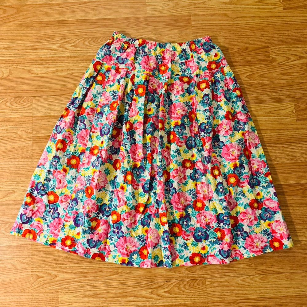 Vintage Floral Midi Skirt Pink Blue Cottage Fairy Coquette High Waist Handmade M